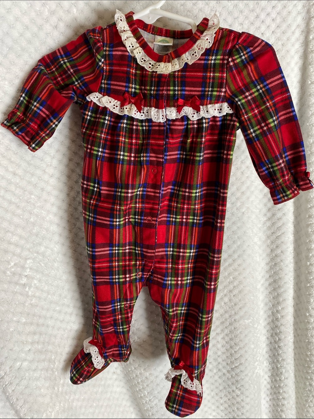 Little Me Red Traditional Plaid Lace-Trim Baby One-Piece Outfit